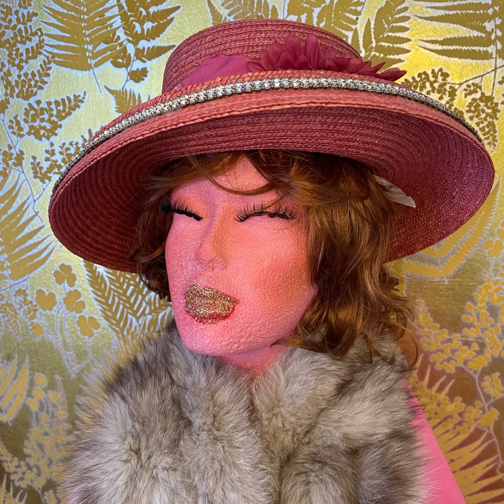 Vintage BETMAR NY Derby / Church Straw Hat with Rhinestones & Flowers